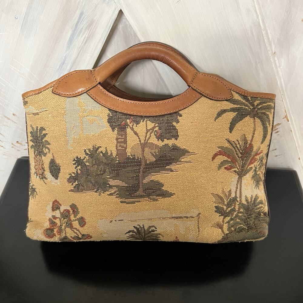 Tommy Bahama Vintage Tapestry Clutch Bag Wooden Handles Palm Print Leather Trim - Picture 3 of 14